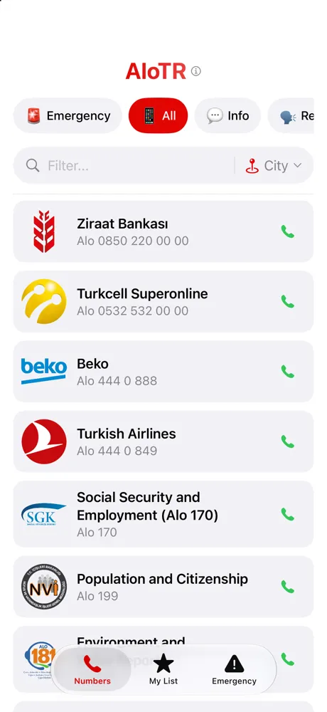 All numbers, with category filters and a search field