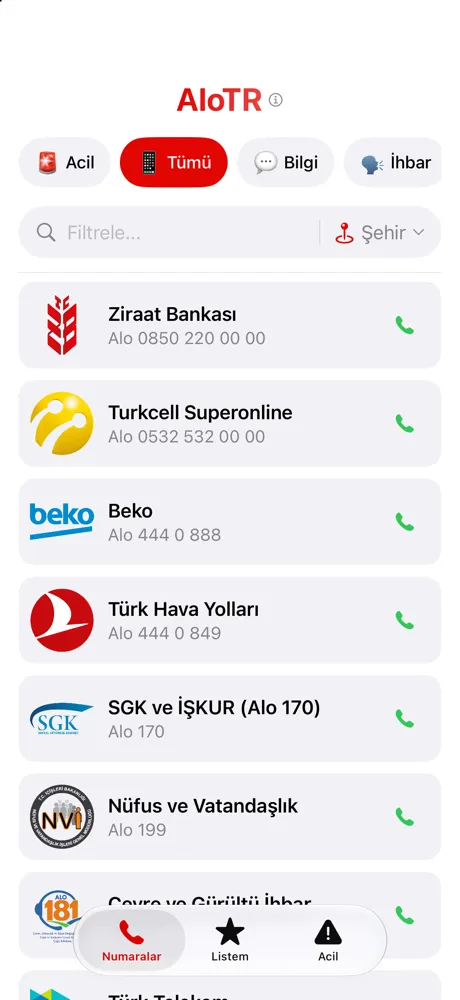 Tüm numaralar, kategori filtreleri ve arama alanıyla