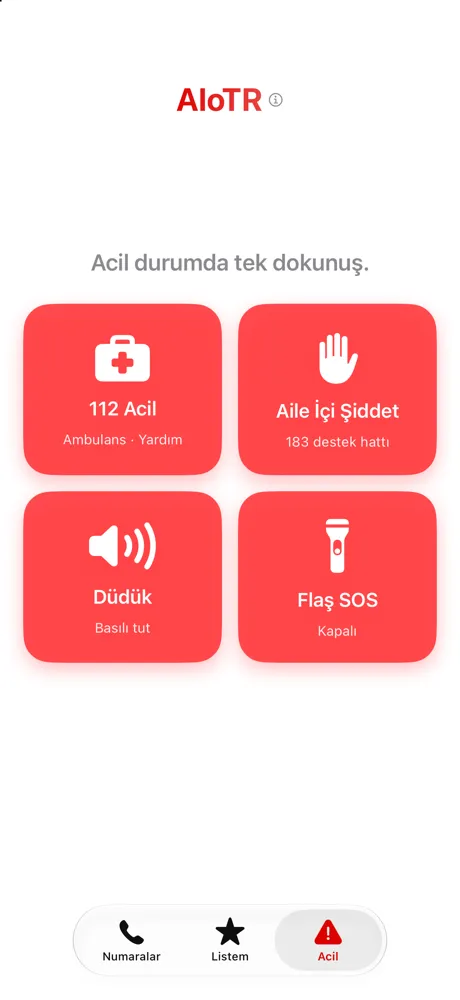 Acil sekmesi: 112, 183, düdük ve SOS ışığı